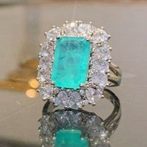 🍁  925 Silver Exclusive Blue Emerald Cut Cubic Zirconia Ring, FB16FA1064